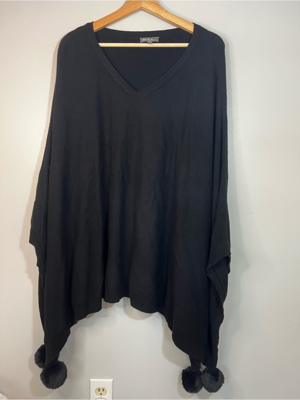 Ulla Popken Black V- Neck Poncho Top with Pom-Poms Women’s Large
